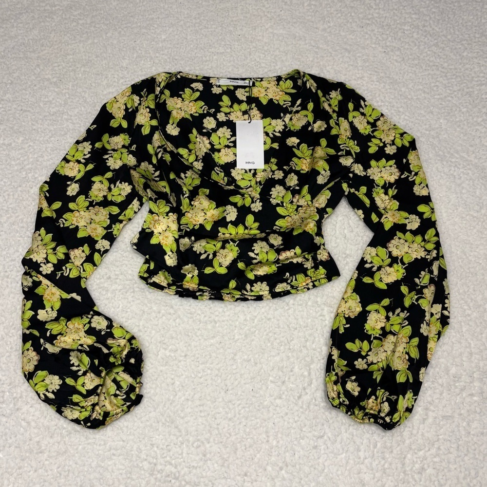 Mango Women Yellow Floral Print Wrap Front Blouse NWT